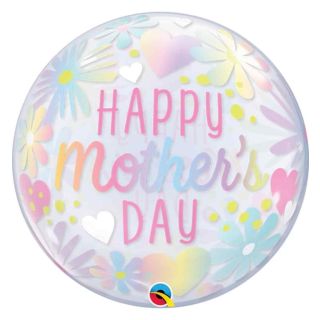 22" Happy Mother's Day Pastel Hearts and Flowers Bubble Balloon
