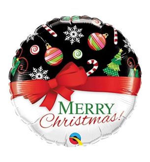 18" Merry Christmas Red Bow and Icons Black and White Round Foil Balloon