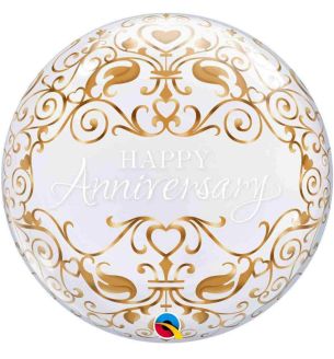 22" Deco Bubble Happy Anniversary Gold and White Balloon