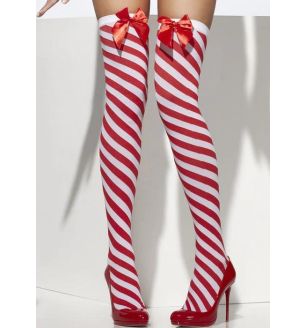 Womens Festive Christmas Red Candy Stripe Fancy Dress Hold Up Stockings