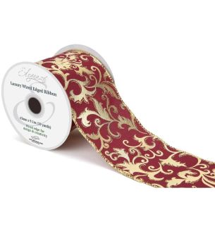 Eleganza Luxury Wired Edge Ribbon Christmas Gilded Filigree Burgundy/Gold No.465 63mm x 9.1m