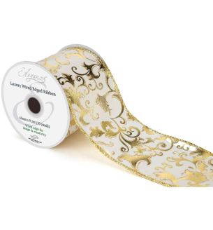 Eleganza Luxury Wired Edge Ribbon Christmas Gilded Filigree Cream/Gold No.454 63mm x 9.1m