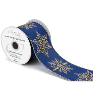 Eleganza Luxury Wired Edge Ribbon Snowflakes Navy/Gold No.463 63mm x 9.1m