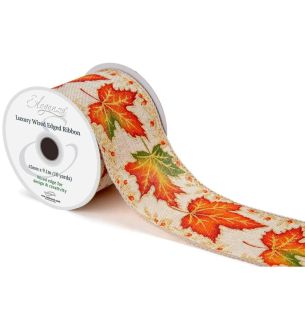 Eleganza Luxury Wired Edge Ribbon Christmas Autumn Maple Glitter/Natural No.465 63mm x 9.1m