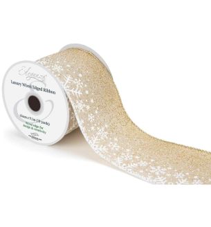 Eleganza Luxury Wired Edge Ribbon Gold Glitter Fade Snowflakes Metallic No.460 63mm x 9.1m