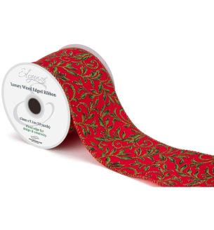 Eleganza Luxury Wired Edge Ribbon Velvet Shimmer Leaves Red/Green No.458 63mm x 9.1m