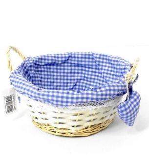 Round Eared Basket with Handles Blue Gingham Cloth Lined with Blue Heart 23cm