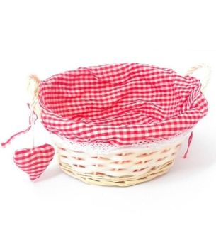 Round Eared Basket with Handles Red Gingham Cloth Lined with Red Heart 23cm